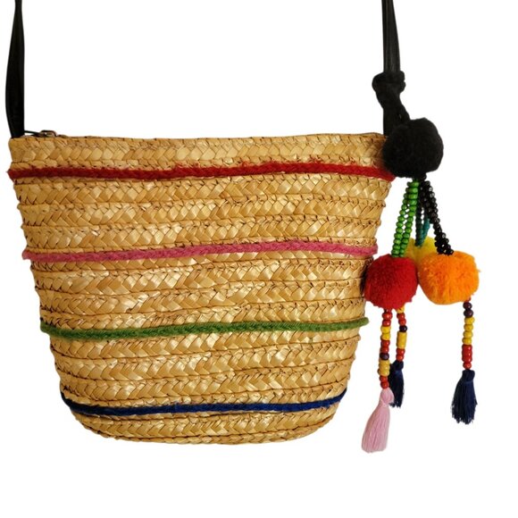 Zara Multicolor Straw Crossbody Bag With Pom-Pom Tassels - Picture 1 of 6
